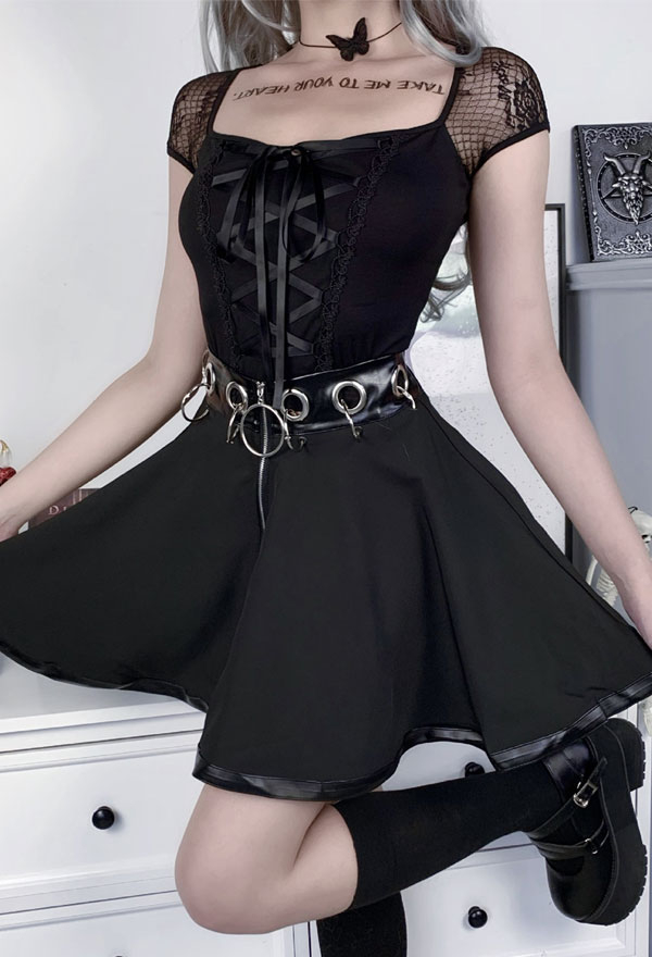 Gothic Square Neck Top Dark Style Black Cotton Strapped Short Sleeve Top