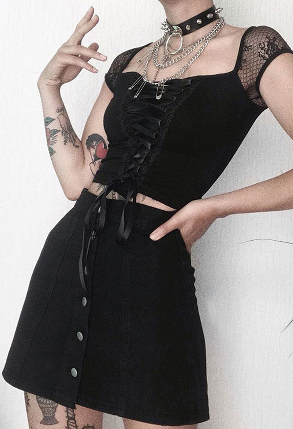 Gothic Square Neck Top Dark Style Black Cotton Strapped Short Sleeve Top