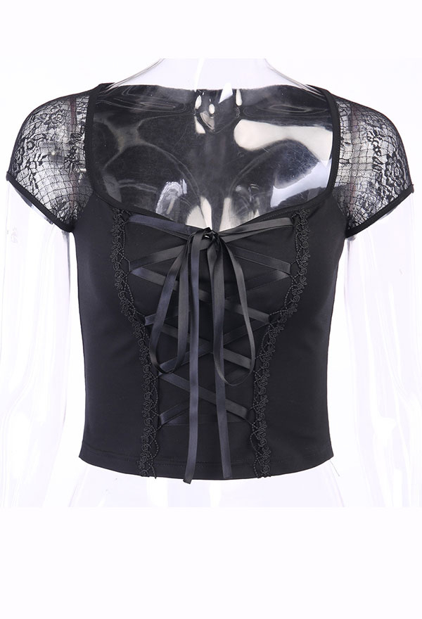Gothic Square Neck Top Dark Style Black Cotton Strapped Short Sleeve Top