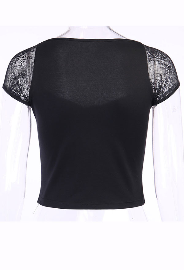 Gothic Square Neck Top Dark Style Black Cotton Strapped Short Sleeve Top