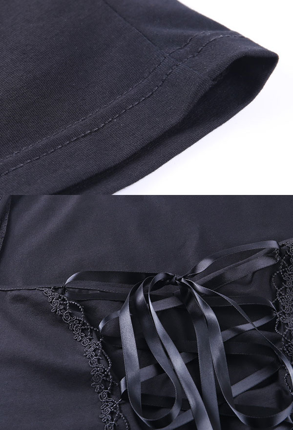 Gothic Square Neck Top Dark Style Black Cotton Strapped Short Sleeve Top