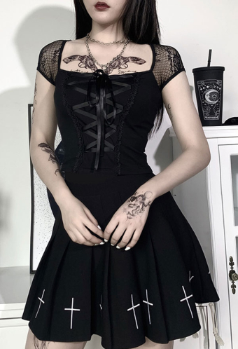 Gothic Square Neck Top Dark Style Black Cotton Strapped Short Sleeve Top