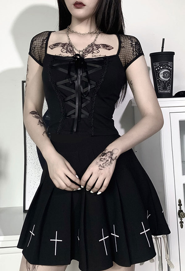 Gothic Square Neck Top Dark Style Black Cotton Strapped Short Sleeve Top