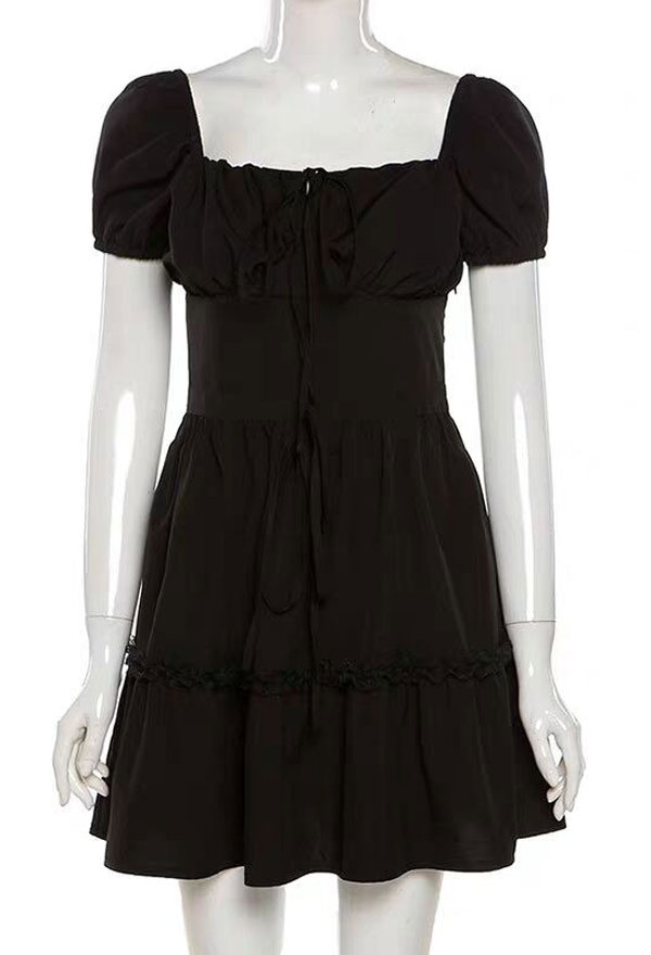 E-girl Fashion Gothic Summer Chest Open A Line Dress Dark Style Non-Stretch Woven Short Puff Sleeve Tight Dress E-girl Fashion Gothic Summer Chest Open A Line Dress Dark Style Non-Stretch Woven Short Puff Sleeve Tight Dress