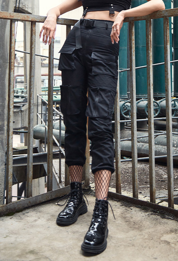 Gothic Fashion Casual BF Pants Street Style Black Polyester Multi-Pockets Overalls Pants Gothic Fashion Casual BF Pants Street Style Black Polyester Multi-Pockets Overalls Pants