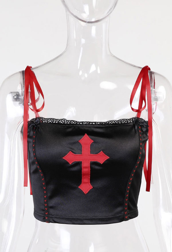 Gothic Summer Vintage Stylish Navel Camisole Black Lace Up Cross Embroidered Sleeveless Bondage Sling Tank Top Gothic Summer Vintage Stylish Navel Camisole Black Lace Up Cross Embroidered Sleeveless Bondage Sling Tank Top