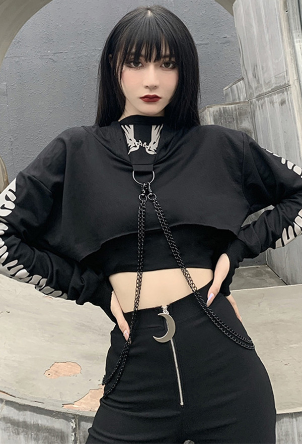 Woman Fashion Gothic Stylish Streetwear Patchwork Long Sleeve Hoodies Dark Style Black Punk Rock Fish Bone Print Reflective Chain Hoodies