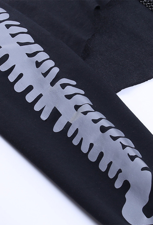 Woman Fashion Gothic Stylish Streetwear Patchwork Long Sleeve Hoodies Dark Style Black Punk Rock Fish Bone Print Reflective Chain Hoodies