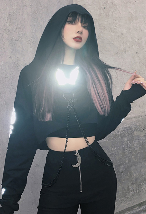 Woman Fashion Gothic Stylish Streetwear Patchwork Long Sleeve Hoodies Dark Style Black Punk Rock Fish Bone Print Reflective Chain Hoodies
