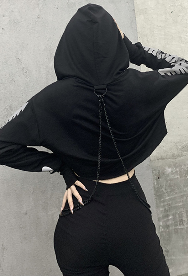 Woman Fashion Gothic Stylish Streetwear Patchwork Long Sleeve Hoodies Dark Style Black Punk Rock Fish Bone Print Reflective Chain Hoodies
