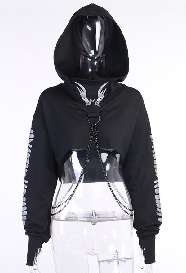 Woman Fashion Gothic Stylish Streetwear Patchwork Long Sleeve Hoodies Dark Style Black Punk Rock Fish Bone Print Reflective Chain Hoodies
