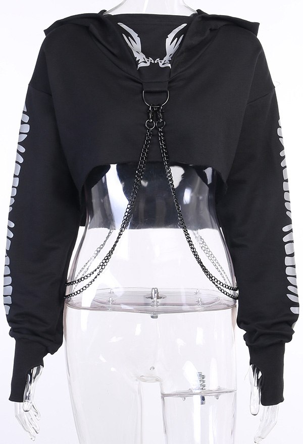 Woman Fashion Gothic Stylish Streetwear Patchwork Long Sleeve Hoodies Dark Style Black Punk Rock Fish Bone Print Reflective Chain Hoodies