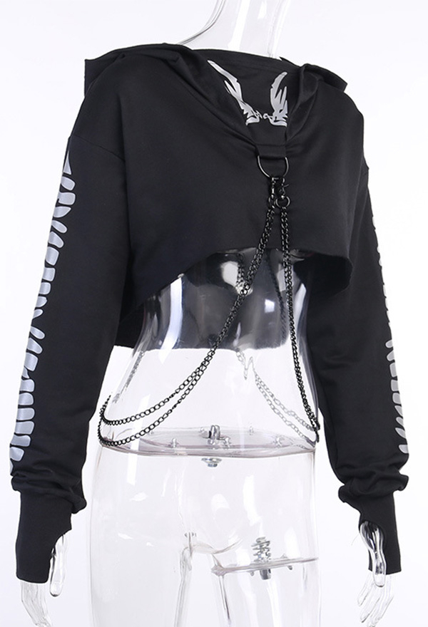 Woman Fashion Gothic Stylish Streetwear Patchwork Long Sleeve Hoodies Dark Style Black Punk Rock Fish Bone Print Reflective Chain Hoodies