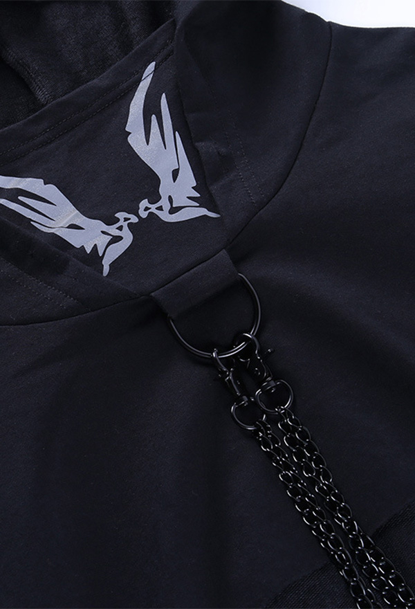 Woman Fashion Gothic Stylish Streetwear Patchwork Long Sleeve Hoodies Dark Style Black Punk Rock Fish Bone Print Reflective Chain Hoodies