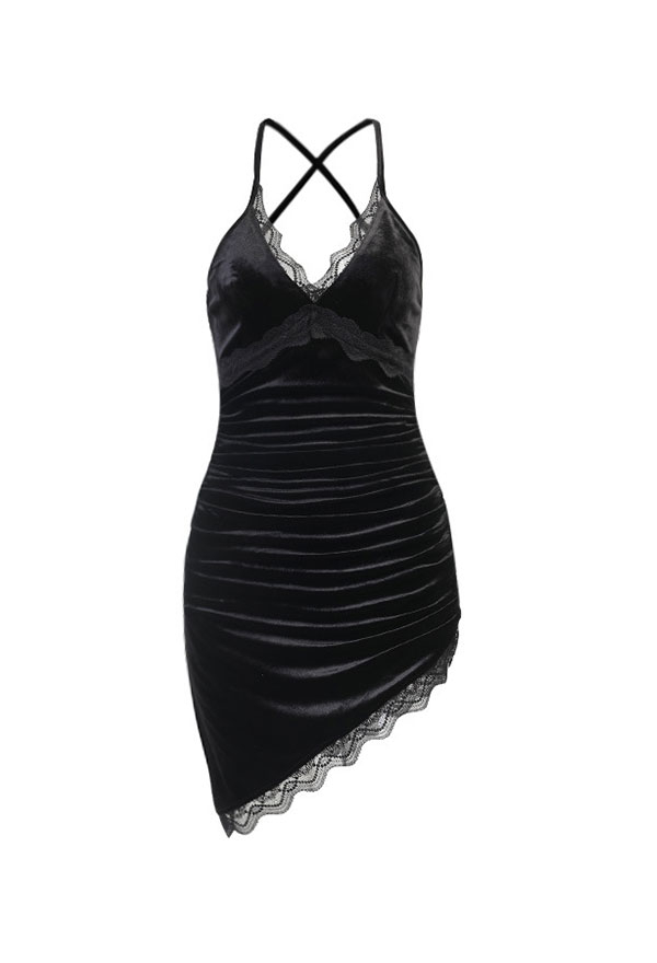 Gothic Deep V Neck Slim Halter Dress Velvet Back Strap Lace Decorated Irregular Hem Dress