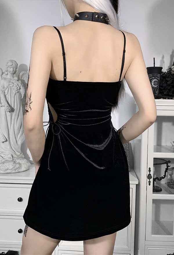 Gothic Vintage Party Suspender Dress Black Velvet Waist Lace-Up Patchwork A-line Mini Dress