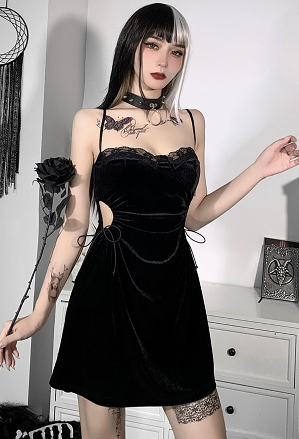 Gothic Vintage Party Suspender Dress Black Velvet Waist Lace-Up Patchwork A-line Mini Dress