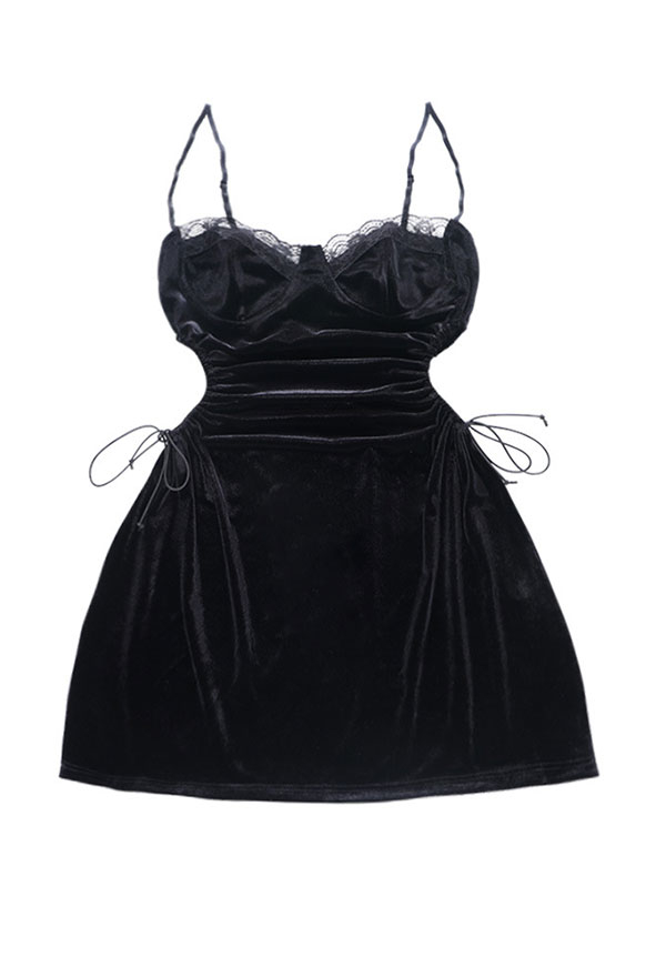 Gothic Vintage Party Suspender Dress Black Velvet Waist Lace-Up Patchwork A-line Mini Dress