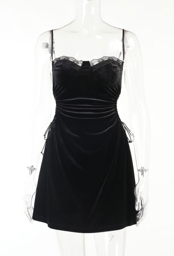 Gothic Vintage Party Suspender Dress Black Velvet Waist Lace-Up Patchwork A-line Mini Dress