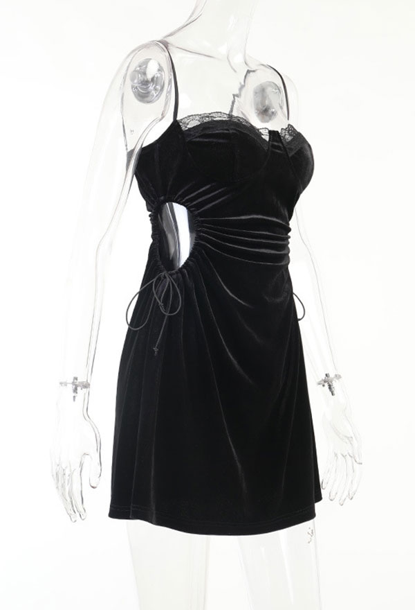 Gothic Vintage Party Suspender Dress Black Velvet Waist Lace-Up Patchwork A-line Mini Dress