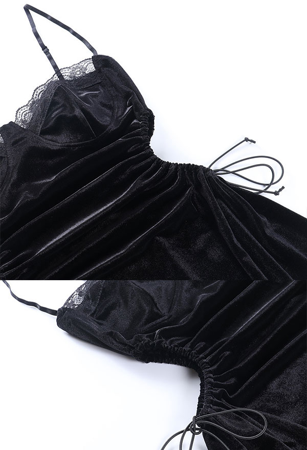 Gothic Vintage Party Suspender Dress Black Velvet Waist Lace-Up Patchwork A-line Mini Dress