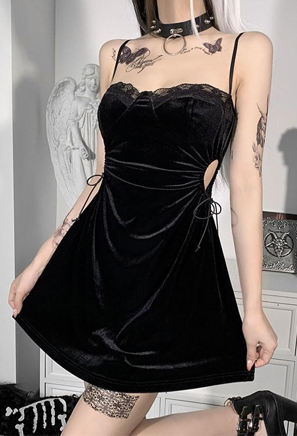 Gothic Vintage Party Suspender Dress Black Velvet Waist Lace-Up Patchwork A-line Mini Dress