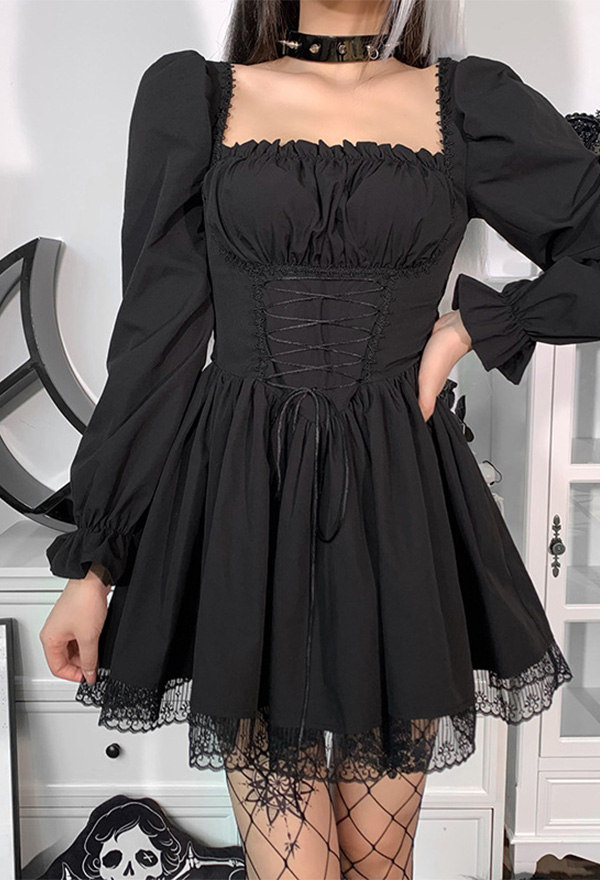 Women Stylish Short Puff Sleeve Mini Dress Gothic Mall Goth Polyester High Waist Front Strap Lace Hem Dress Women Stylish Short Puff Sleeve Mini Dress Gothic Mall Goth Polyester High Waist Front Strap Lace Hem Dress