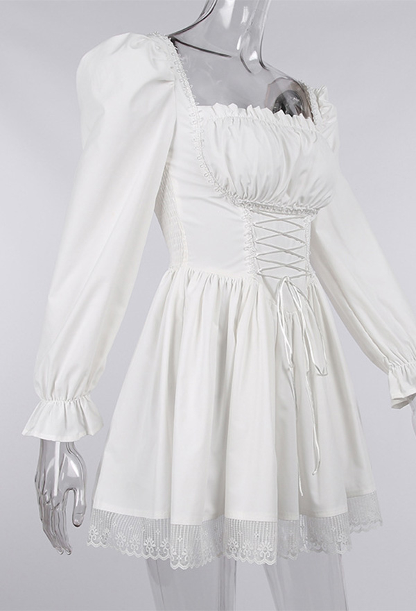 Women Stylish Short Puff Sleeve Mini Dress Gothic Mall Goth Polyester High Waist Front Strap Lace Hem Dress Women Stylish Short Puff Sleeve Mini Dress Gothic Mall Goth Polyester High Waist Front Strap Lace Hem Dress