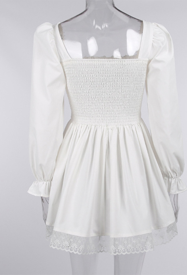 Women Stylish Short Puff Sleeve Mini Dress Gothic Mall Goth Polyester High Waist Front Strap Lace Hem Dress Women Stylish Short Puff Sleeve Mini Dress Gothic Mall Goth Polyester High Waist Front Strap Lace Hem Dress
