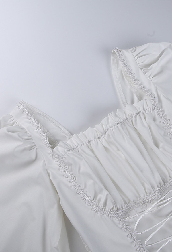 Women Stylish Short Puff Sleeve Mini Dress Gothic Mall Goth Polyester High Waist Front Strap Lace Hem Dress Women Stylish Short Puff Sleeve Mini Dress Gothic Mall Goth Polyester High Waist Front Strap Lace Hem Dress
