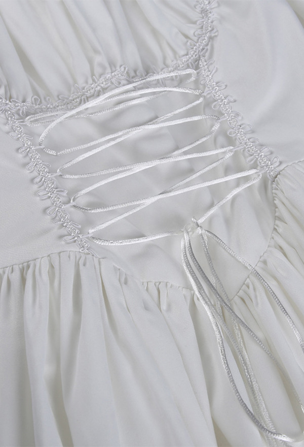 Women Stylish Short Puff Sleeve Mini Dress Gothic Mall Goth Polyester High Waist Front Strap Lace Hem Dress Women Stylish Short Puff Sleeve Mini Dress Gothic Mall Goth Polyester High Waist Front Strap Lace Hem Dress