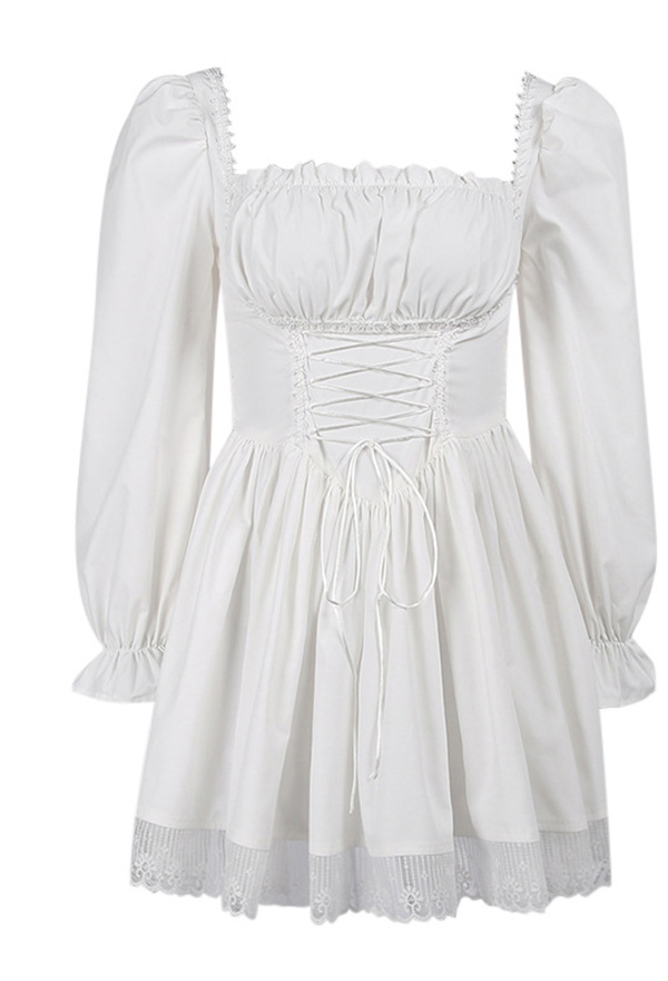 Women Stylish Short Puff Sleeve Mini Dress Gothic Mall Goth Polyester High Waist Front Strap Lace Hem Dress Women Stylish Short Puff Sleeve Mini Dress Gothic Mall Goth Polyester High Waist Front Strap Lace Hem Dress