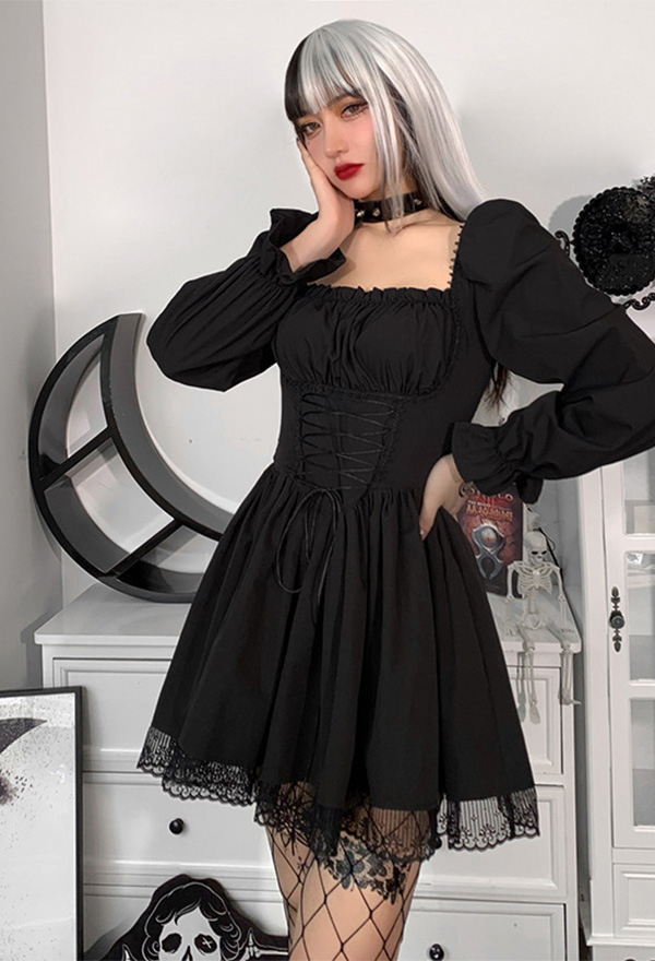Women Stylish Short Puff Sleeve Mini Dress Gothic Mall Goth Polyester High Waist Front Strap Lace Hem Dress Women Stylish Short Puff Sleeve Mini Dress Gothic Mall Goth Polyester High Waist Front Strap Lace Hem Dress