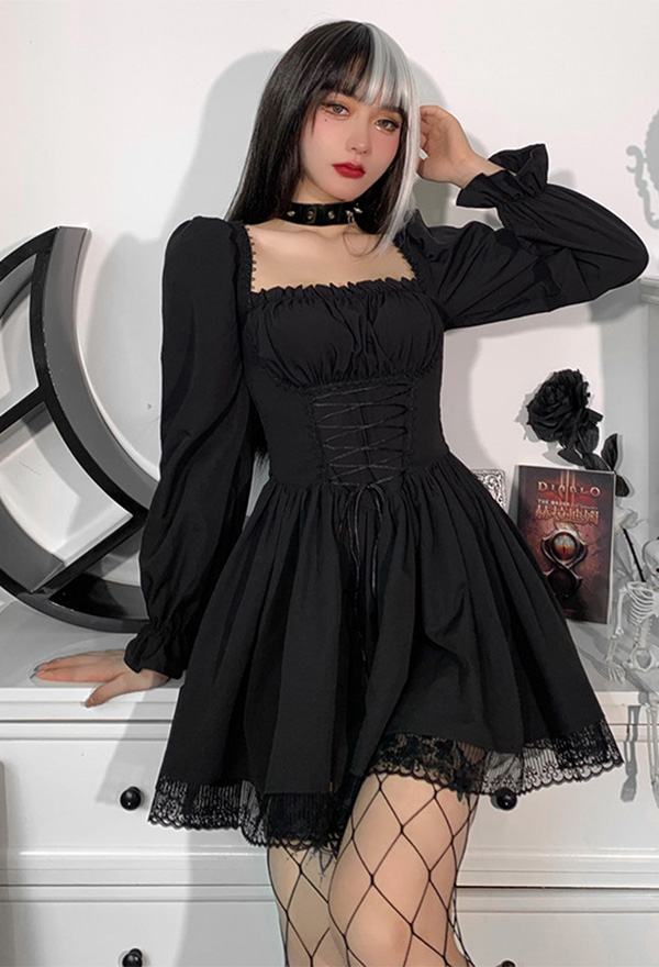Women Stylish Short Puff Sleeve Mini Dress Gothic Mall Goth Polyester High Waist Front Strap Lace Hem Dress Women Stylish Short Puff Sleeve Mini Dress Gothic Mall Goth Polyester High Waist Front Strap Lace Hem Dress