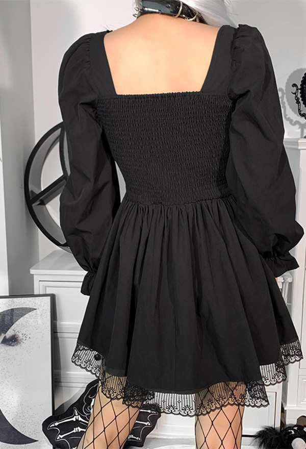 Women Stylish Short Puff Sleeve Mini Dress Gothic Mall Goth Polyester High Waist Front Strap Lace Hem Dress Women Stylish Short Puff Sleeve Mini Dress Gothic Mall Goth Polyester High Waist Front Strap Lace Hem Dress
