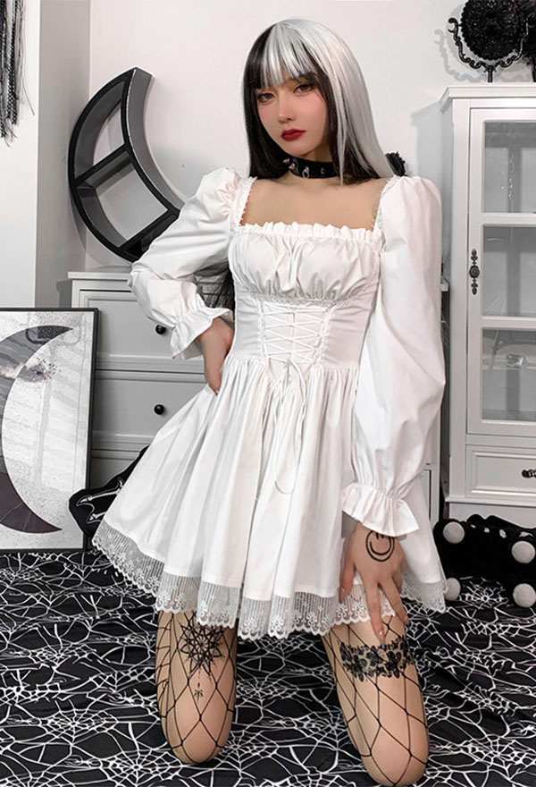 Women Stylish Short Puff Sleeve Mini Dress Gothic Mall Goth Polyester High Waist Front Strap Lace Hem Dress Women Stylish Short Puff Sleeve Mini Dress Gothic Mall Goth Polyester High Waist Front Strap Lace Hem Dress