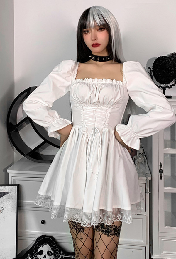 Women Stylish Short Puff Sleeve Mini Dress Gothic Mall Goth Polyester High Waist Front Strap Lace Hem Dress Women Stylish Short Puff Sleeve Mini Dress Gothic Mall Goth Polyester High Waist Front Strap Lace Hem Dress