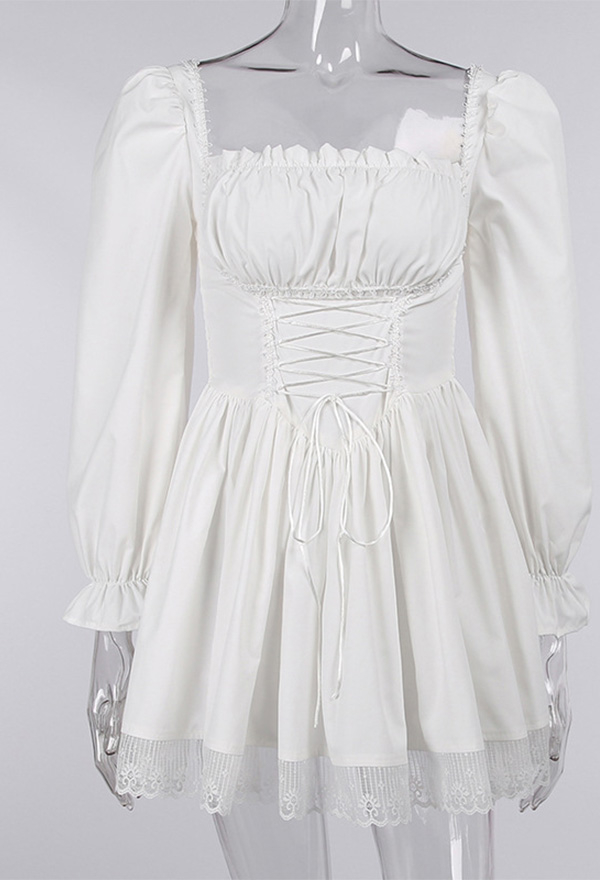 Women Stylish Short Puff Sleeve Mini Dress Gothic Mall Goth Polyester High Waist Front Strap Lace Hem Dress Women Stylish Short Puff Sleeve Mini Dress Gothic Mall Goth Polyester High Waist Front Strap Lace Hem Dress