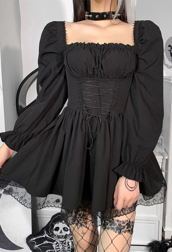 Women Stylish Short Puff Sleeve Mini Dress Gothic Mall Goth Polyester High Waist Front Strap Lace Hem Dress
