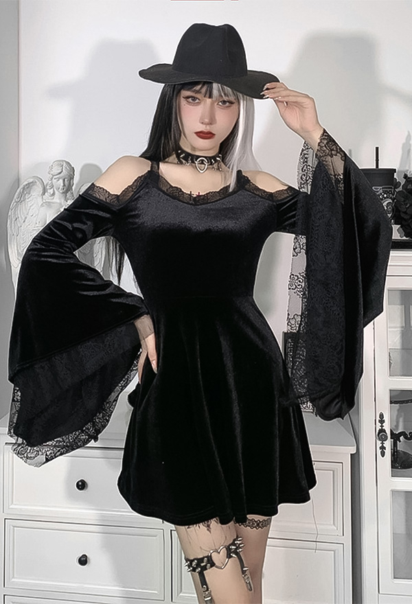 Women Gothic Vintage Lace Dress Dark Style Black Velvet Off-shoulder Flared sleeves A-line Mini Witch Dress Women Gothic Vintage Lace Dress Dark Style Black Velvet Off-shoulder Flared sleeves A-line Mini Witch Dress