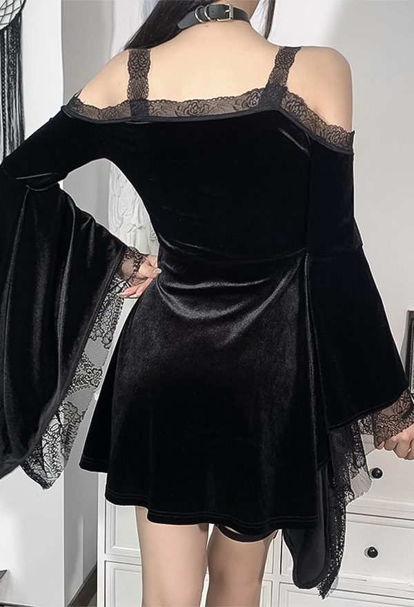Women Gothic Vintage Lace Dress Dark Style Black Velvet Off-shoulder Flared sleeves A-line Mini Witch Dress Women Gothic Vintage Lace Dress Dark Style Black Velvet Off-shoulder Flared sleeves A-line Mini Witch Dress