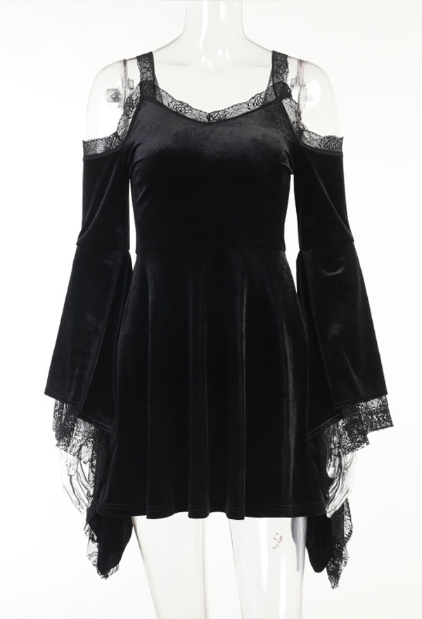 Women Gothic Vintage Lace Dress Dark Style Black Velvet Off-shoulder Flared sleeves A-line Mini Witch Dress Women Gothic Vintage Lace Dress Dark Style Black Velvet Off-shoulder Flared sleeves A-line Mini Witch Dress