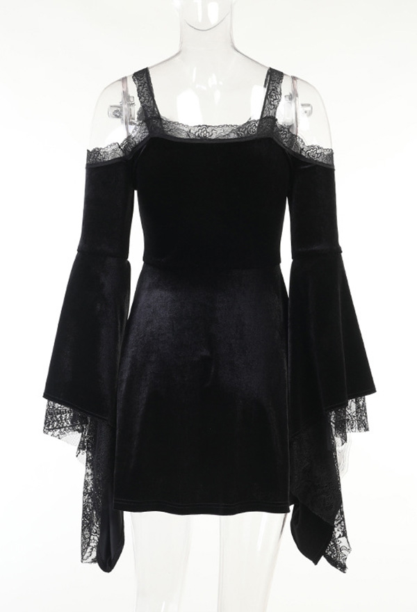 Women Gothic Vintage Lace Dress Dark Style Black Velvet Off-shoulder Flared sleeves A-line Mini Witch Dress Women Gothic Vintage Lace Dress Dark Style Black Velvet Off-shoulder Flared sleeves A-line Mini Witch Dress