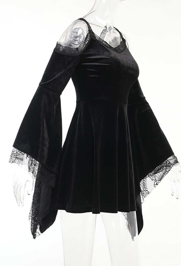 Women Gothic Vintage Lace Dress Dark Style Black Velvet Off-shoulder Flared sleeves A-line Mini Witch Dress Women Gothic Vintage Lace Dress Dark Style Black Velvet Off-shoulder Flared sleeves A-line Mini Witch Dress