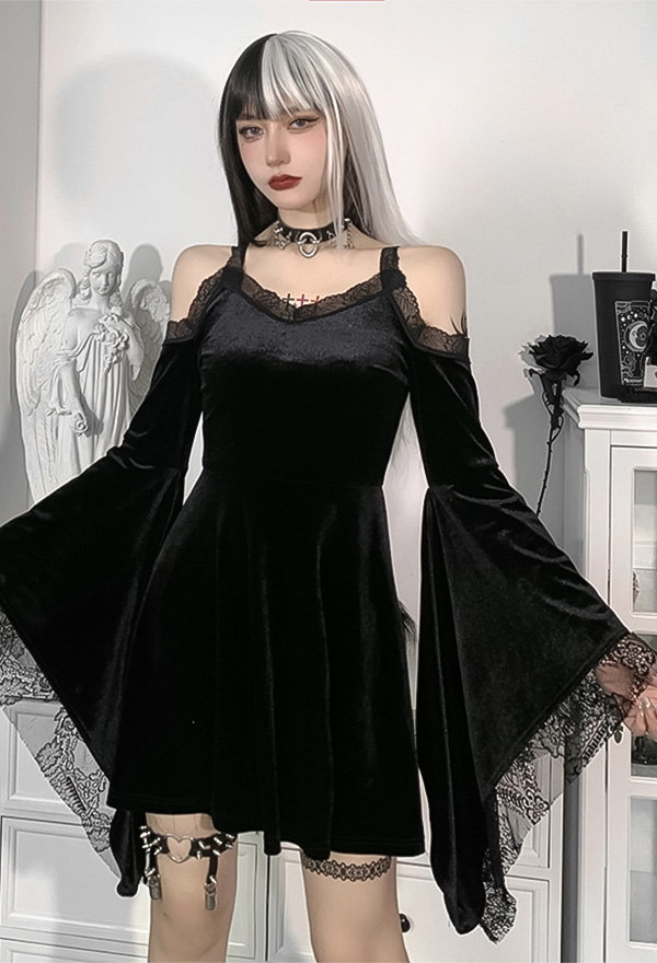 Women Gothic Vintage Lace Dress Dark Style Black Velvet Off-shoulder Flared sleeves A-line Mini Witch Dress Women Gothic Vintage Lace Dress Dark Style Black Velvet Off-shoulder Flared sleeves A-line Mini Witch Dress