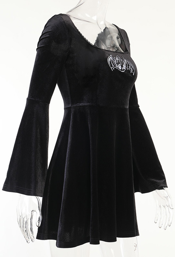 Gothic Vintage Elegant Bat Pattern Dress Dark Mall Goth Style Black Velvet Flared Long Sleeves Ruffle Hem Mini Witch  Dress