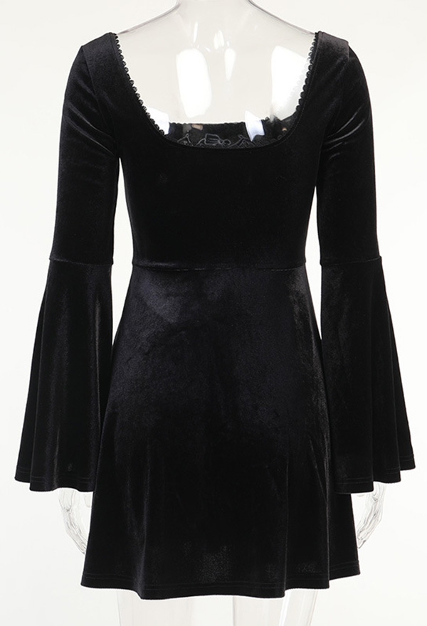 Gothic Vintage Elegant Bat Pattern Dress Dark Mall Goth Style Black Velvet Flared Long Sleeves Ruffle Hem Mini Witch  Dress
