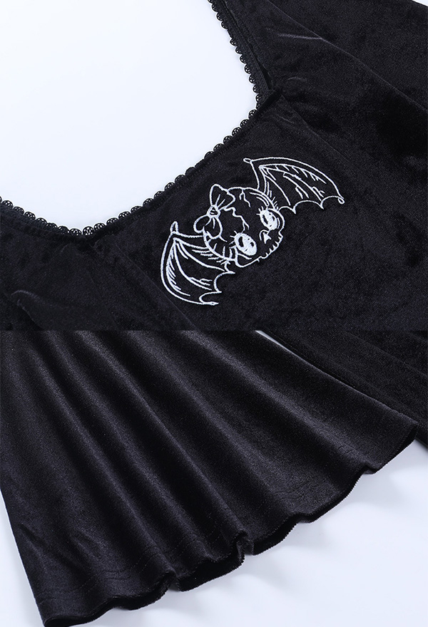 Gothic Vintage Elegant Bat Pattern Dress Dark Mall Goth Style Black Velvet Flared Long Sleeves Ruffle Hem Mini Witch  Dress