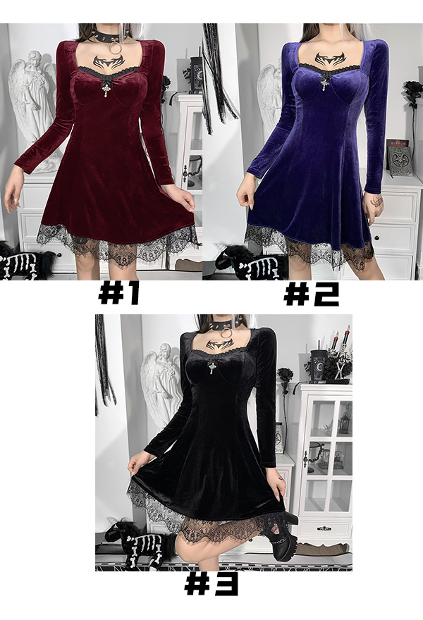 Women Fashion Gothic Fall Dress Witch Elegant Dress Retro Style Velvet Cross Decorated Lace Hem Long Sleeve Dress Women Fashion Gothic Fall Dress Witch Elegant Dress Retro Style Velvet Cross Decorated Lace Hem Long Sleeve Dress