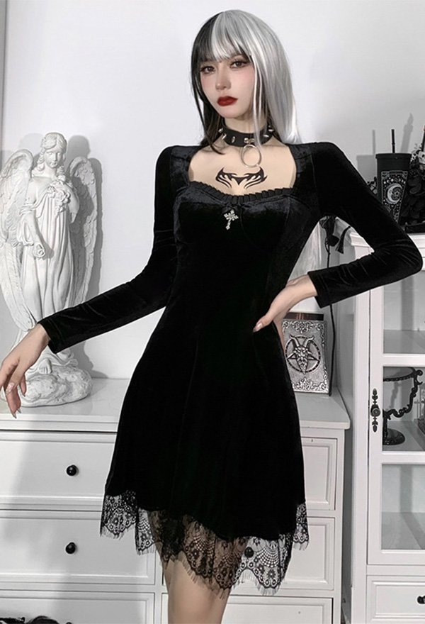 Women Fashion Gothic Fall Dress Witch Elegant Dress Retro Style Velvet Cross Decorated Lace Hem Long Sleeve Dress Women Fashion Gothic Fall Dress Witch Elegant Dress Retro Style Velvet Cross Decorated Lace Hem Long Sleeve Dress